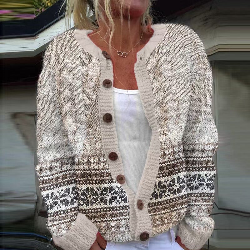 Kathleen banded fair isle button cardigan in oatmeal & brown