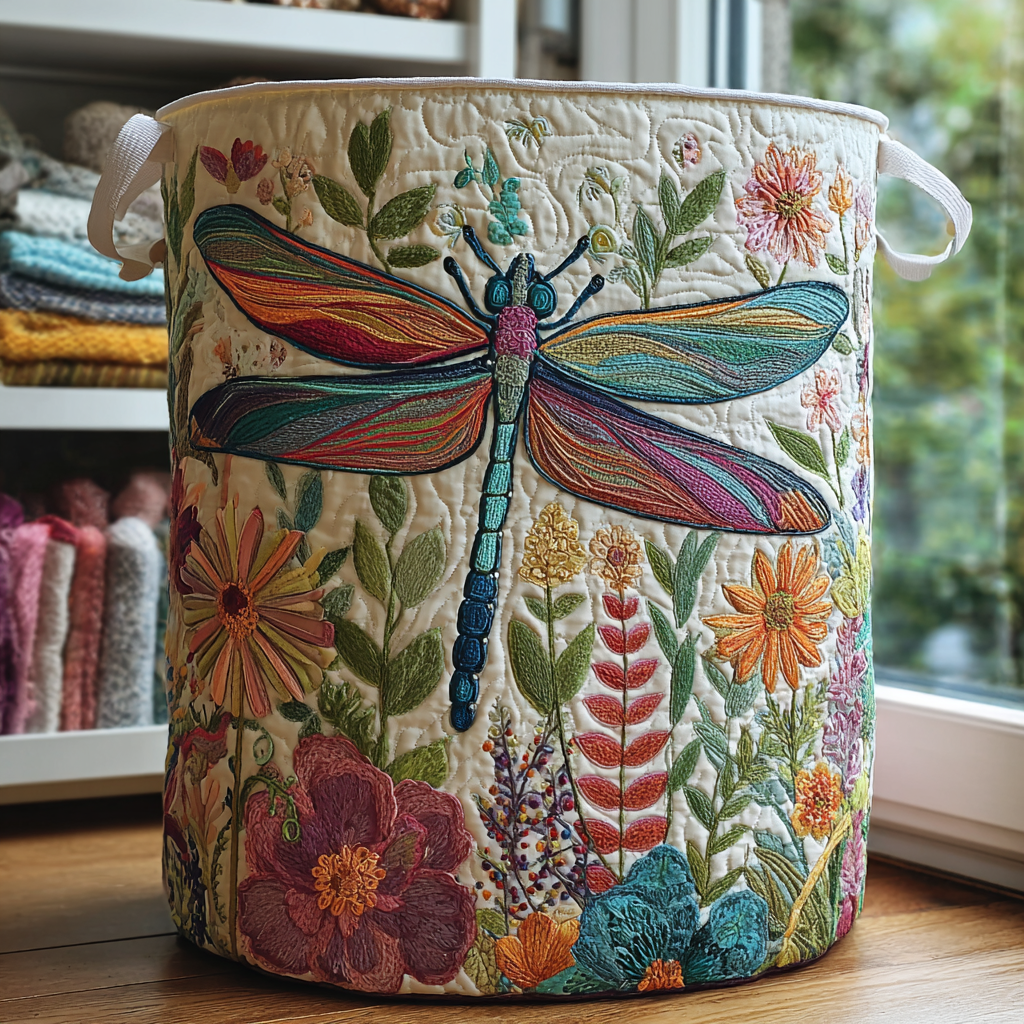 Dragonfly Garden quilted laundry basket