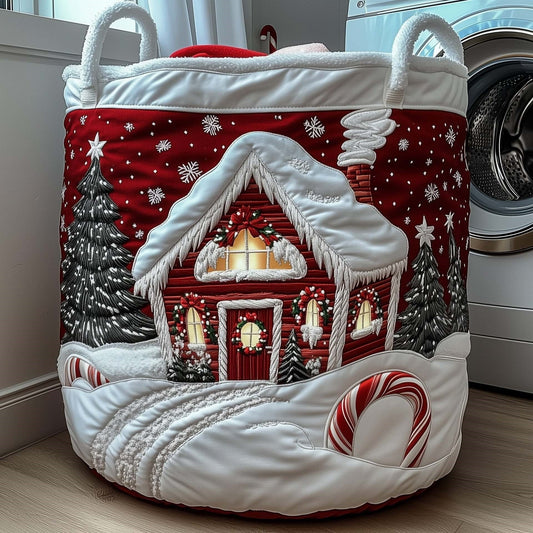 Crimson Christmas Cabin quilted laundry basket