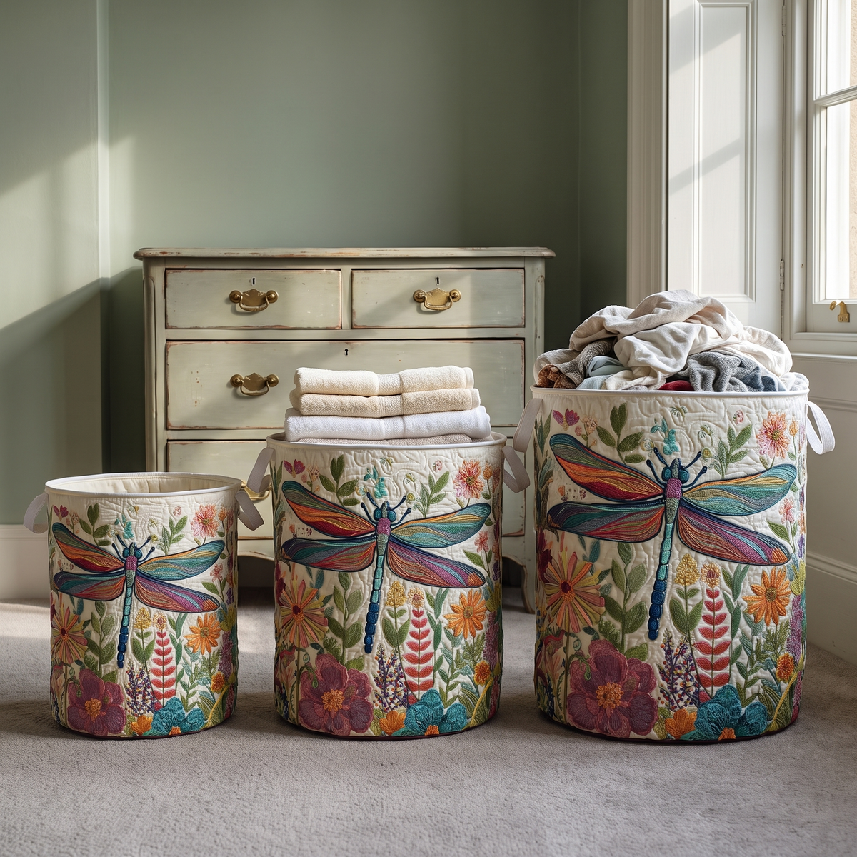 Dragonfly Garden quilted laundry basket