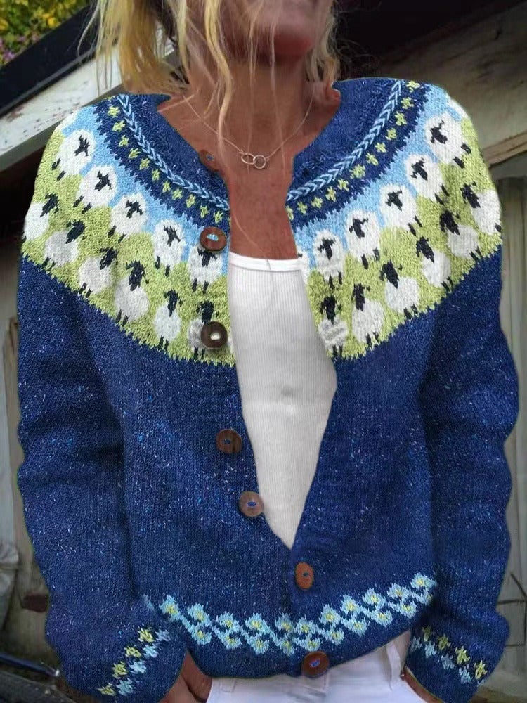 Janice sheep fair isle button cardigan in royal blue