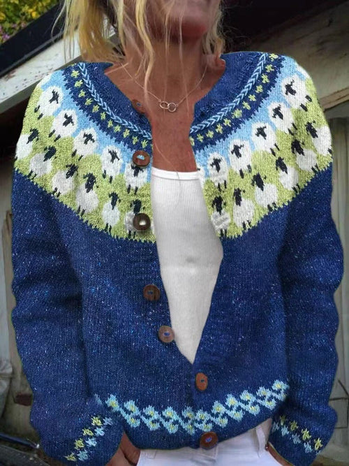 Janice sheep fair isle button cardigan in royal blue