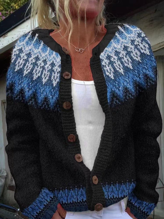 Diane snowflake fair isle button cardigan in black & blue