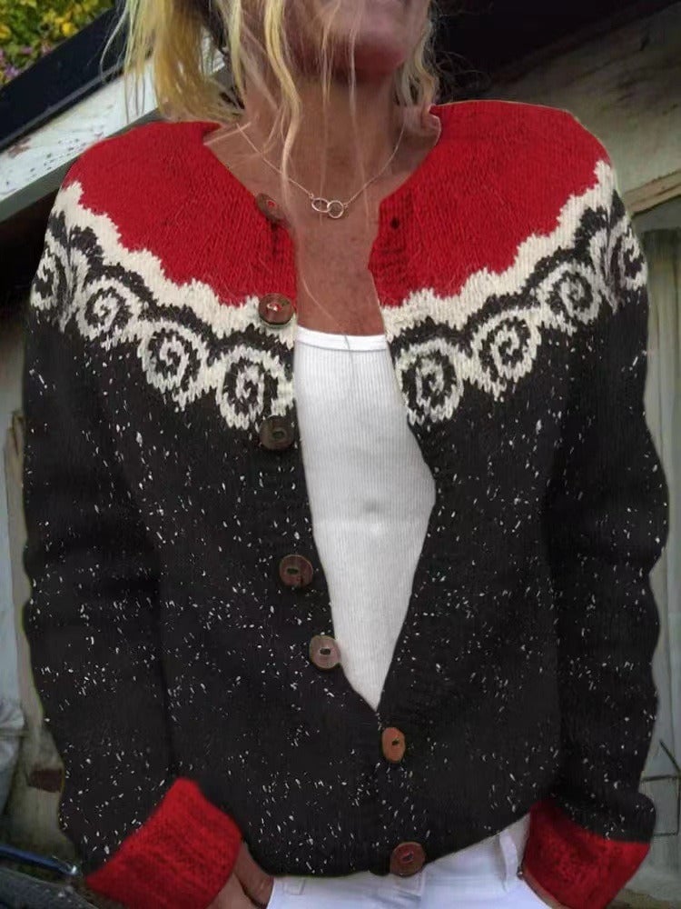 Sheila wave fair isle button cardigan in black & red