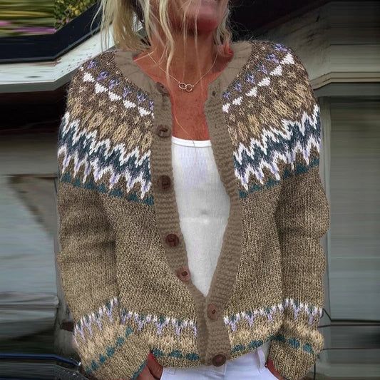 Brenda fair isle button cardigan in camel