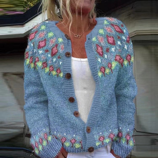 Connie floral fair isle button cardigan in cornflower blue