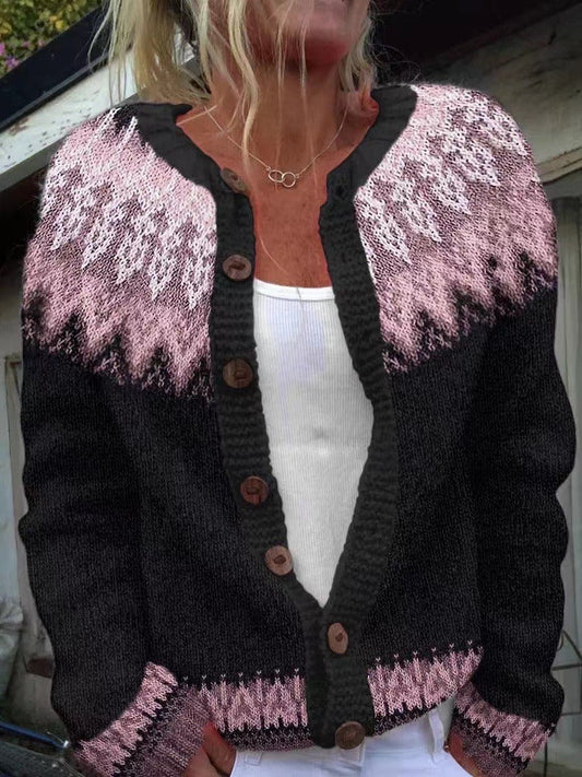 Beverly fair isle button cardigan in black & pink