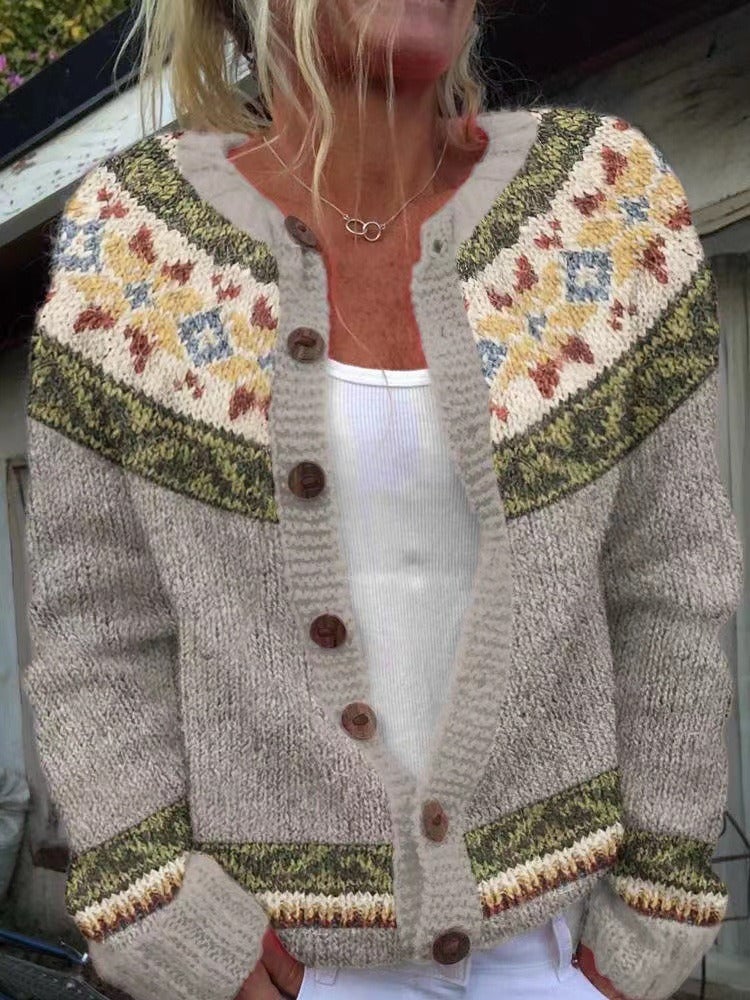 Sharon floral fair isle button cardigan in grey & mustard