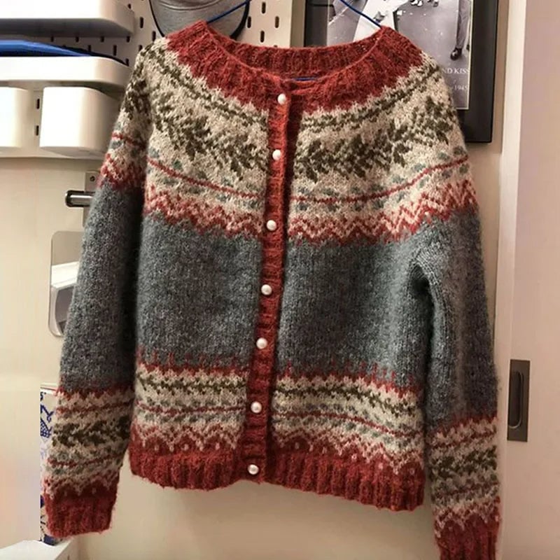 Donna all-over fair isle button cardigan in rust & grey