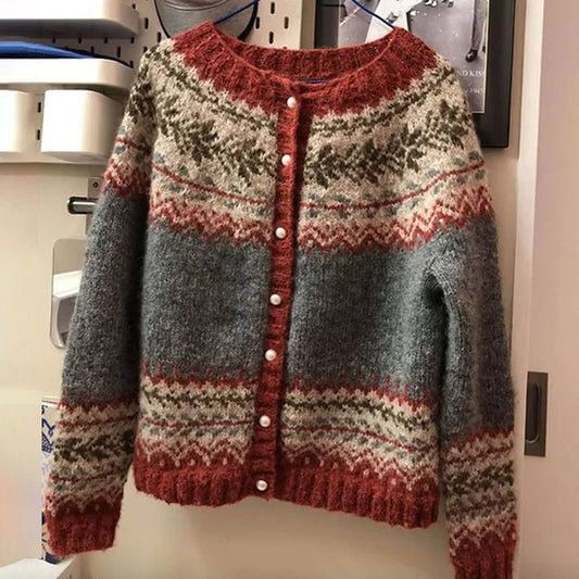 Donna all-over fair isle button cardigan in rust & grey