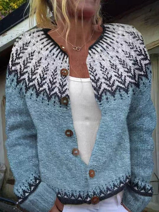 Cynthia snowflake fair isle button cardigan in sky blue