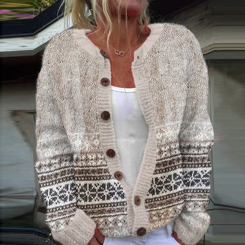Kathleen banded fair isle button cardigan in oatmeal & brown