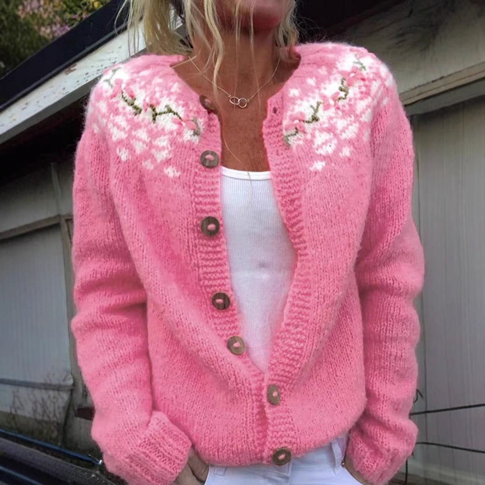 Phyllis floral fair isle button cardigan in bright pink
