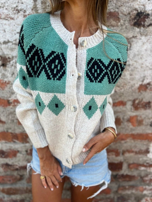 Nancy diamond fair isle button cardigan in cream & teal