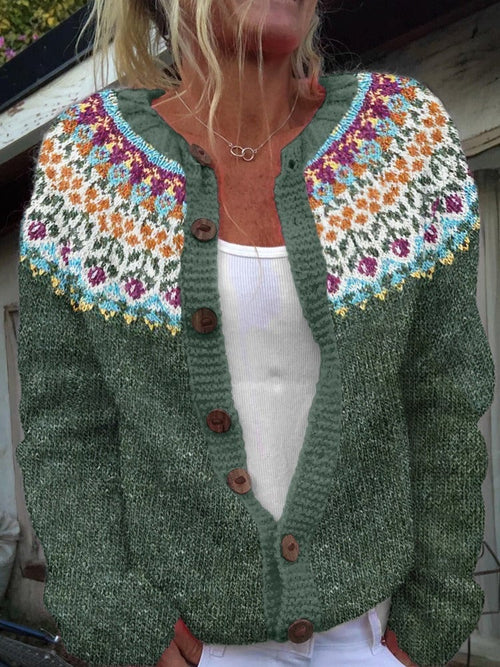 Barbara floral fair isle button cardigan in forest green