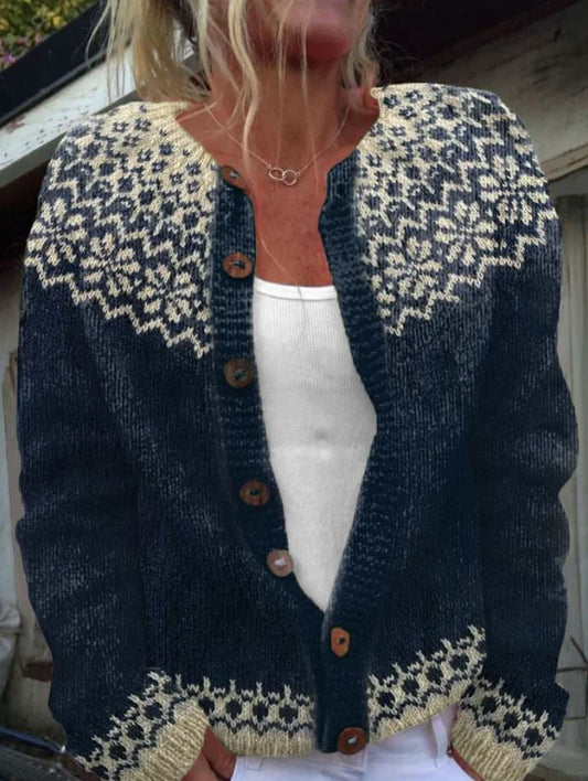 Carolyn snowflake fair isle button cardigan in navy