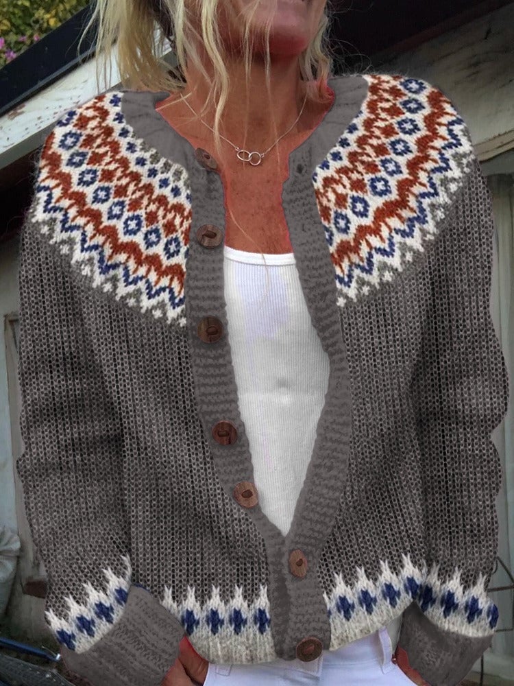 Judith diamond fair isle button cardigan in charcoal