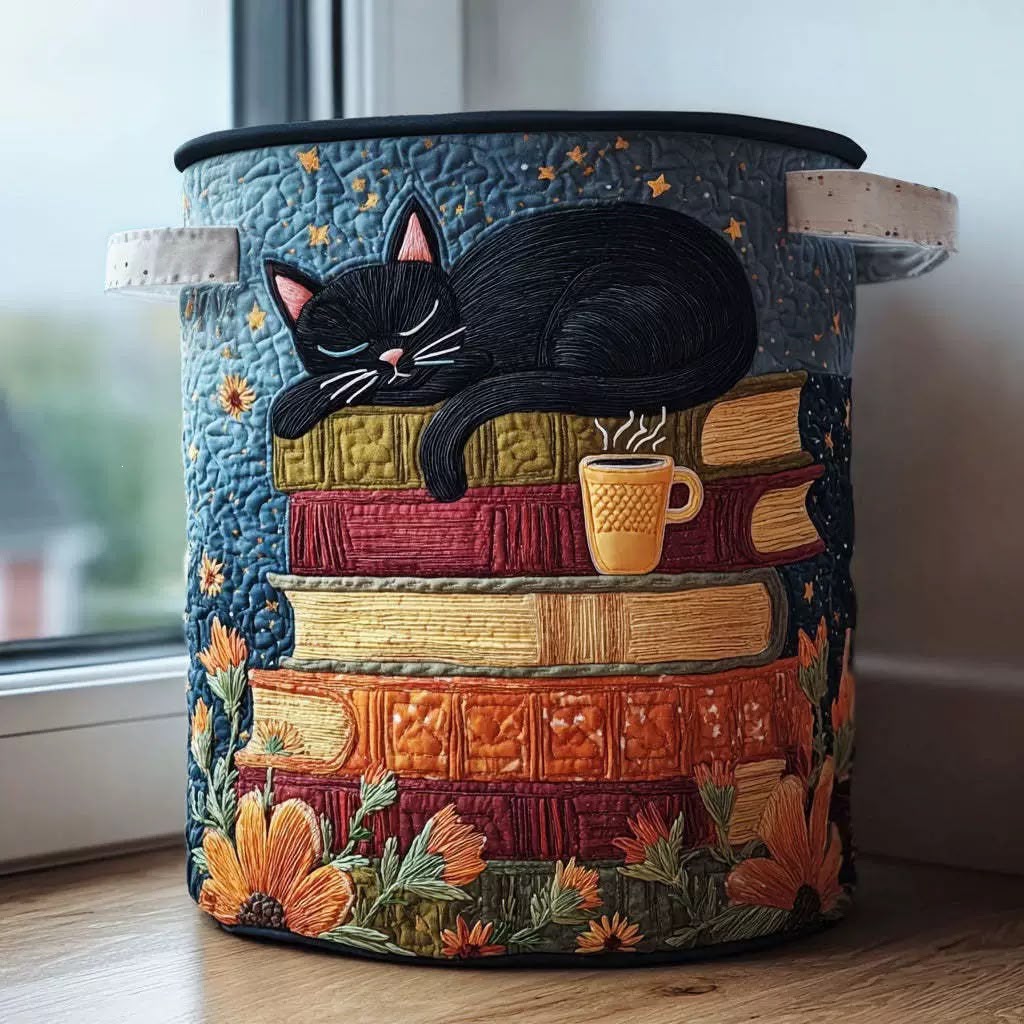 Sleepy Cat Library quilted laundry basket