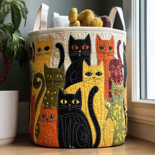 Folk Art Cat quilted laundry basket