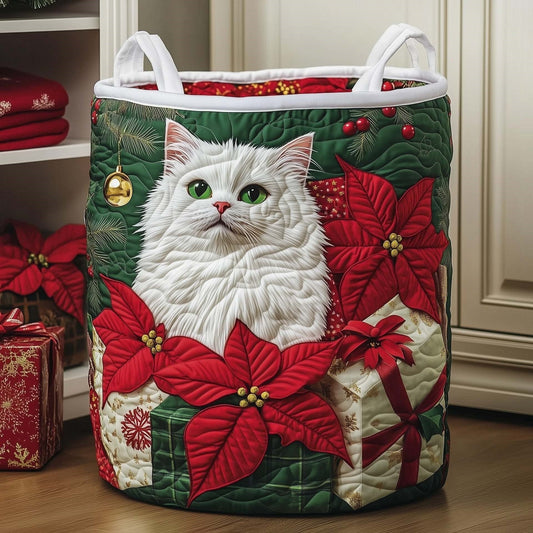 Poinsettia Snow Cat quilted laundry basket