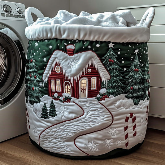 Snowy Evergreen Cottage quilted laundry basket